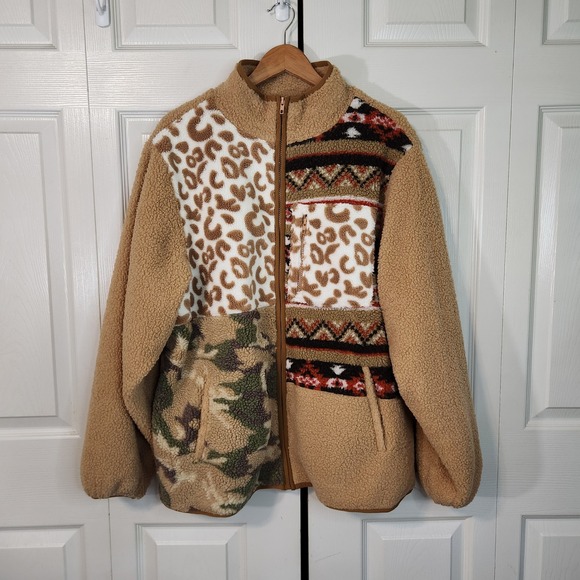 GiGiO USA Jackets & Blazers - Cozy Patchwork Teddy Jacket - Tan Multi